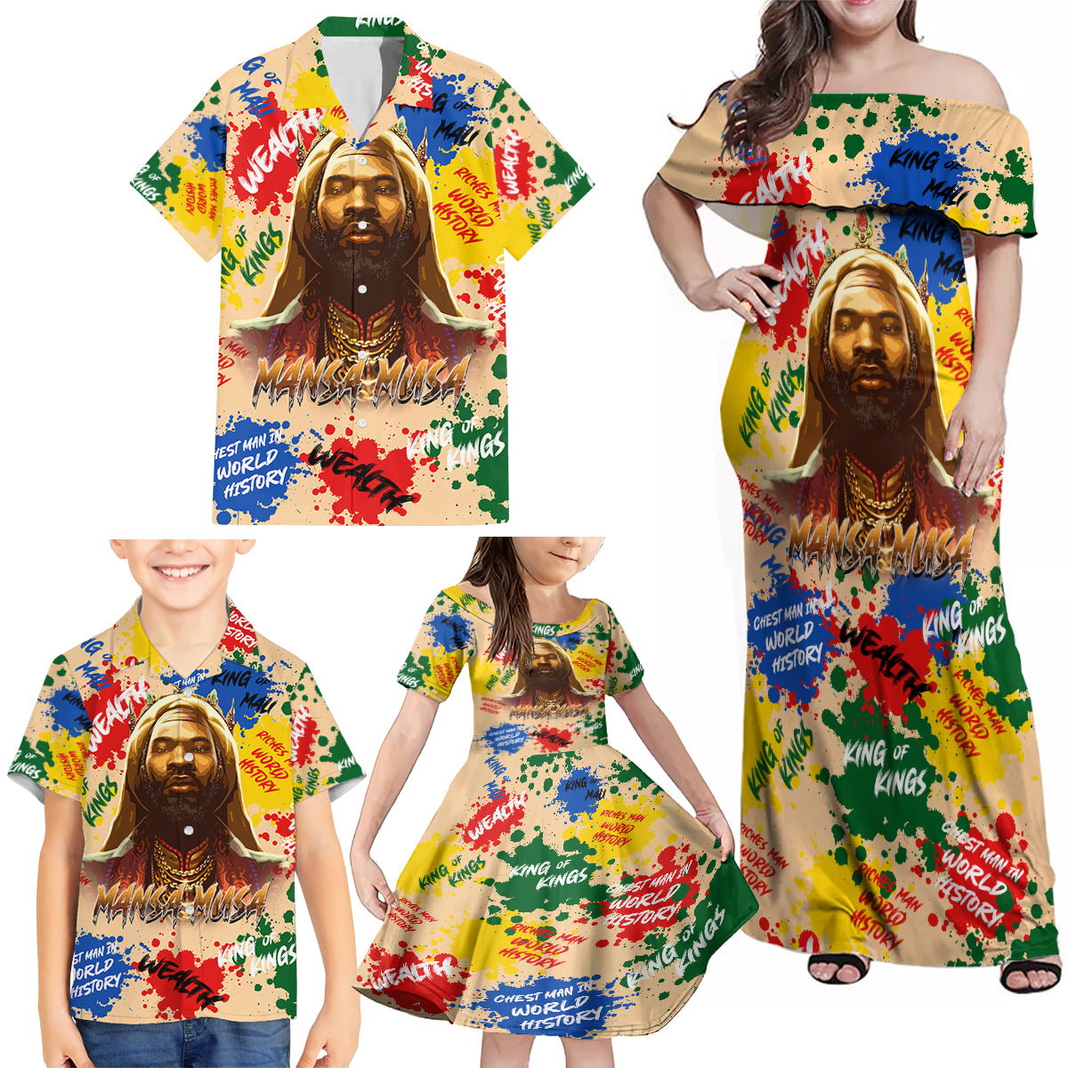 King Of Kings Mansa Musa Family Matching Off Shoulder Maxi Dress and Hawaiian Shirt - Wonder Print Shop