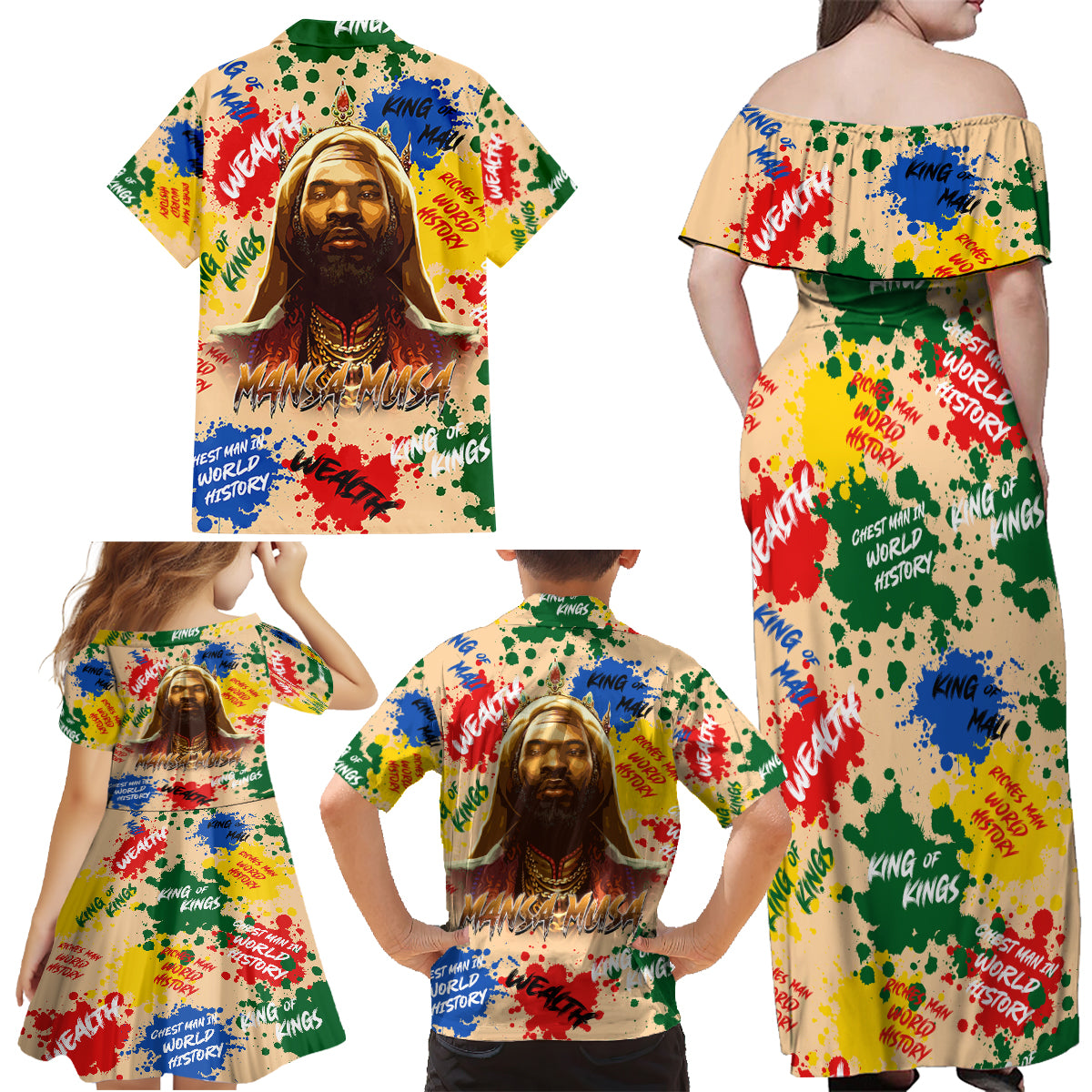 King Of Kings Mansa Musa Family Matching Off Shoulder Maxi Dress and Hawaiian Shirt - Wonder Print Shop