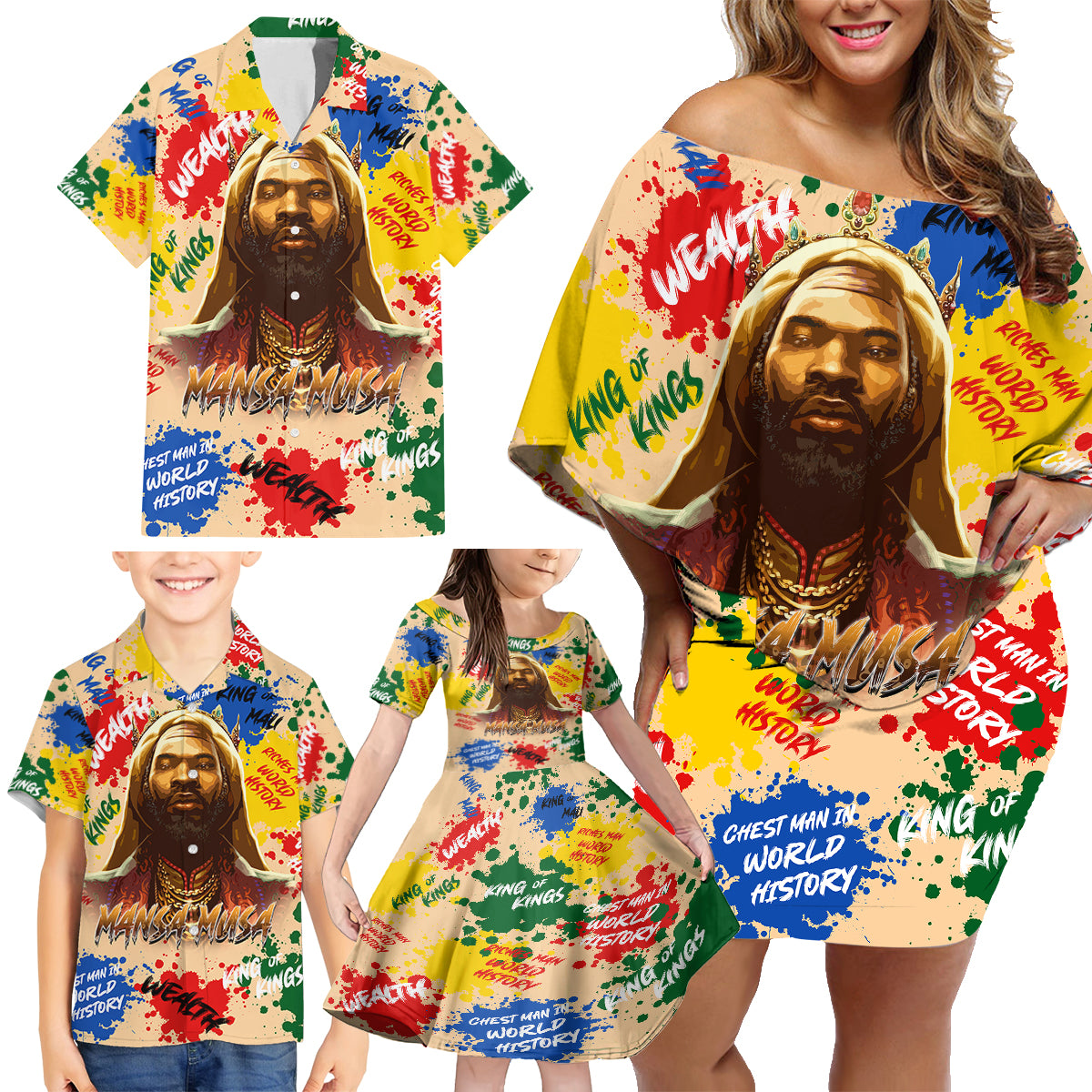 King Of Kings Mansa Musa Family Matching Off Shoulder Short Dress and Hawaiian Shirt - Wonder Print Shop