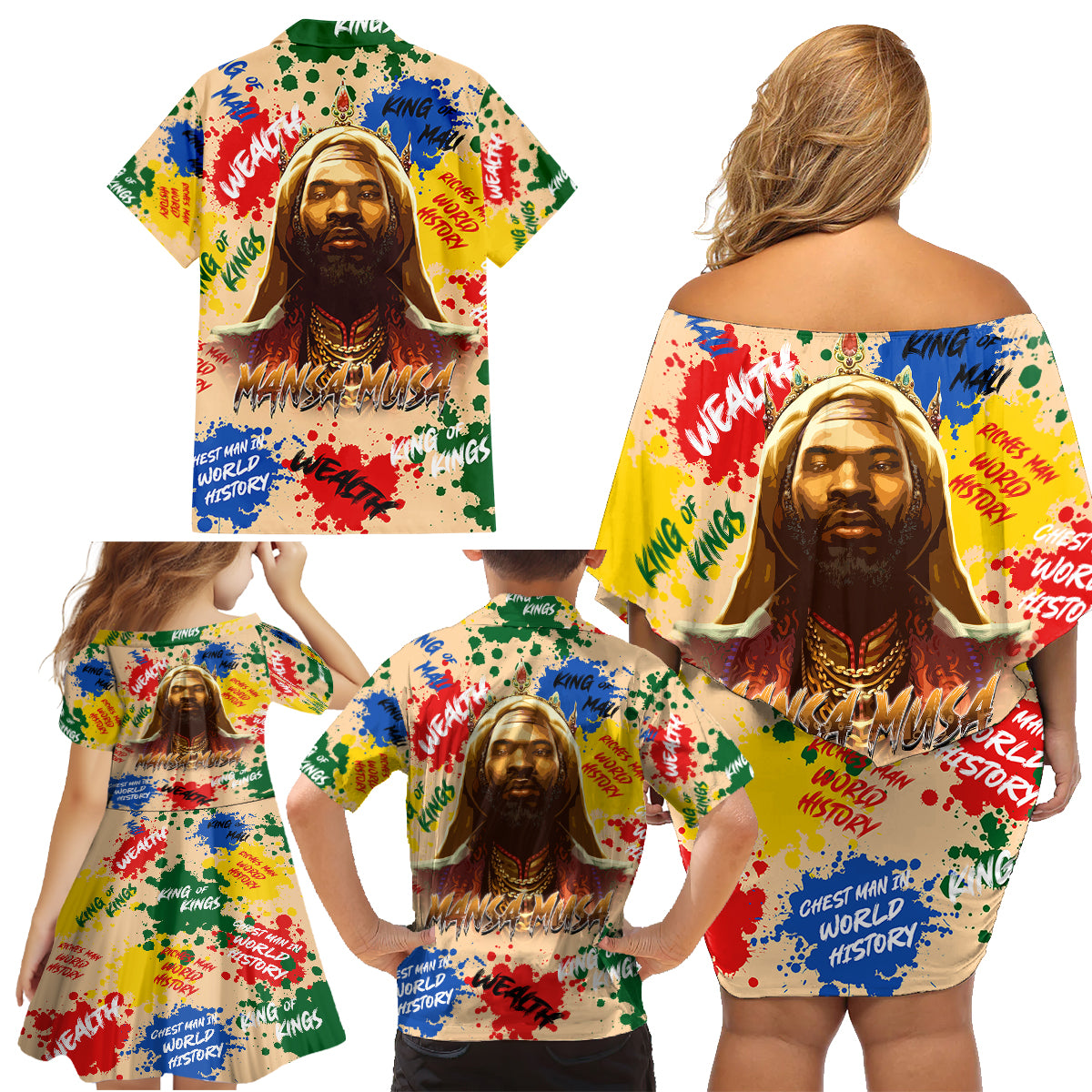 King Of Kings Mansa Musa Family Matching Off Shoulder Short Dress and Hawaiian Shirt - Wonder Print Shop