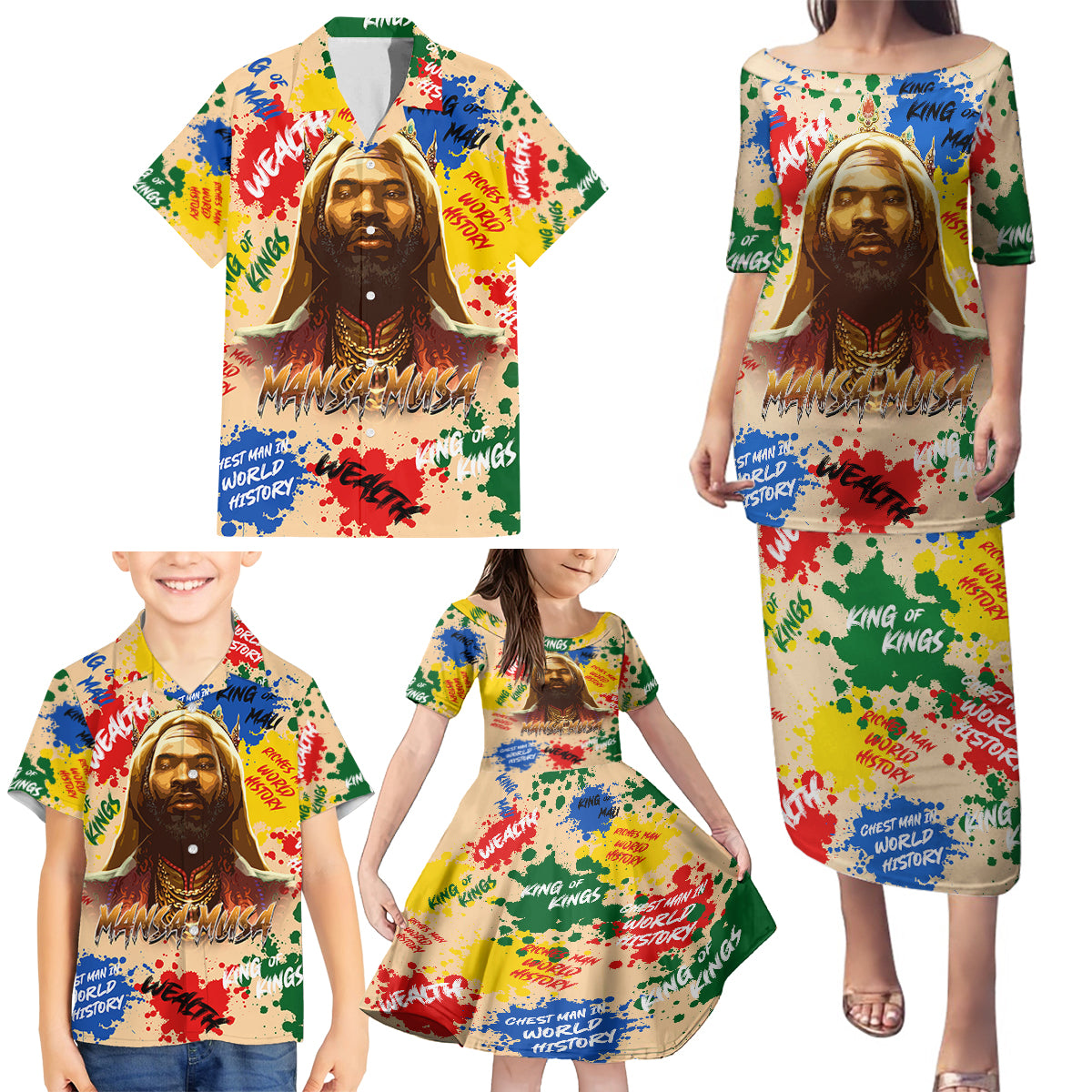 King Of Kings Mansa Musa Family Matching Puletasi Dress and Hawaiian Shirt - Wonder Print Shop