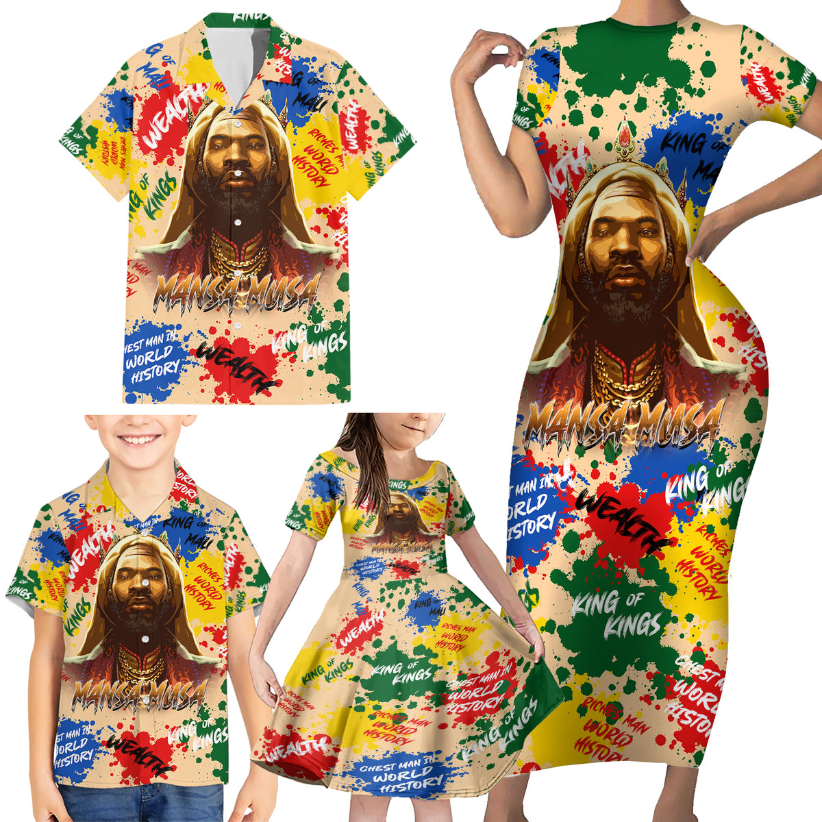 King Of Kings Mansa Musa Family Matching Short Sleeve Bodycon Dress and Hawaiian Shirt - Wonder Print Shop