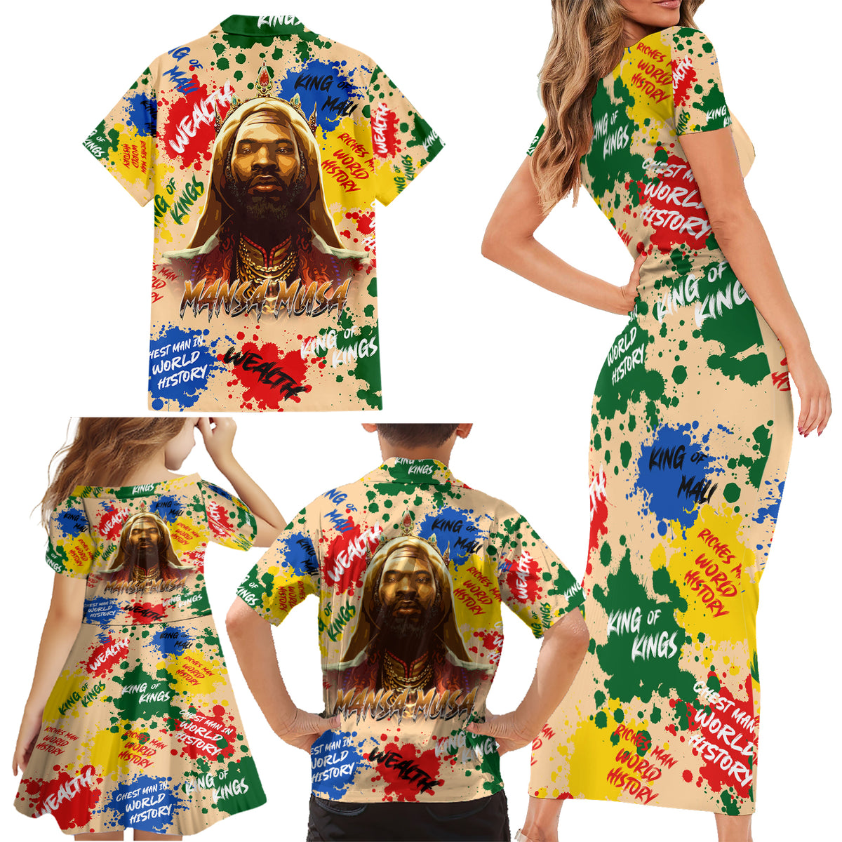 King Of Kings Mansa Musa Family Matching Short Sleeve Bodycon Dress and Hawaiian Shirt - Wonder Print Shop