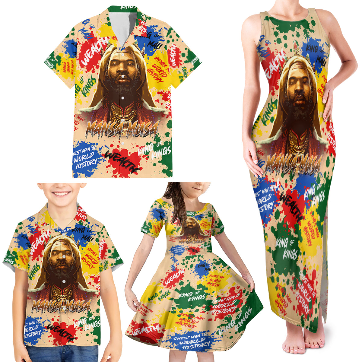 King Of Kings Mansa Musa Family Matching Tank Maxi Dress and Hawaiian Shirt - Wonder Print Shop