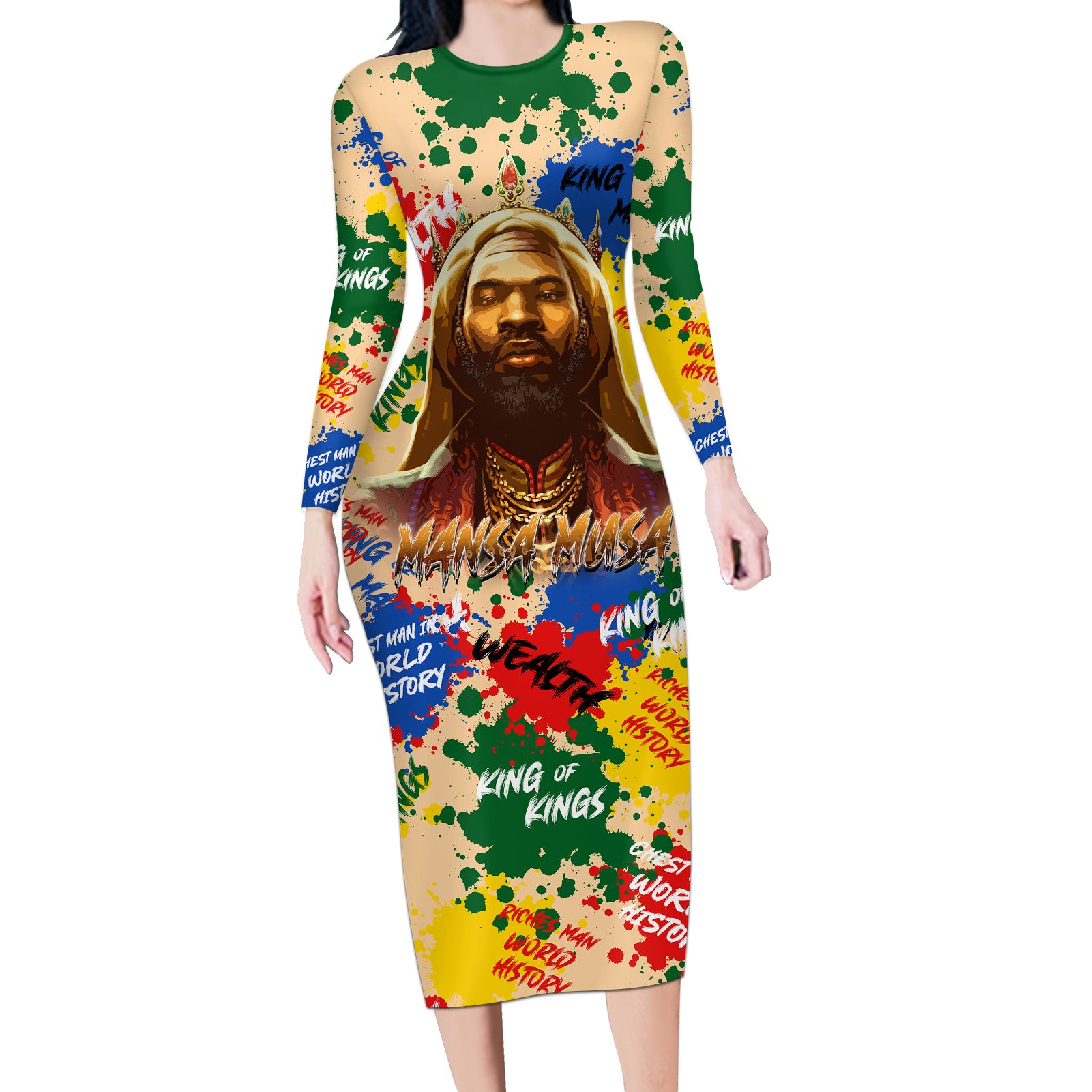 King Of Kings Mansa Musa Long Sleeve Bodycon Dress - Wonder Print Shop