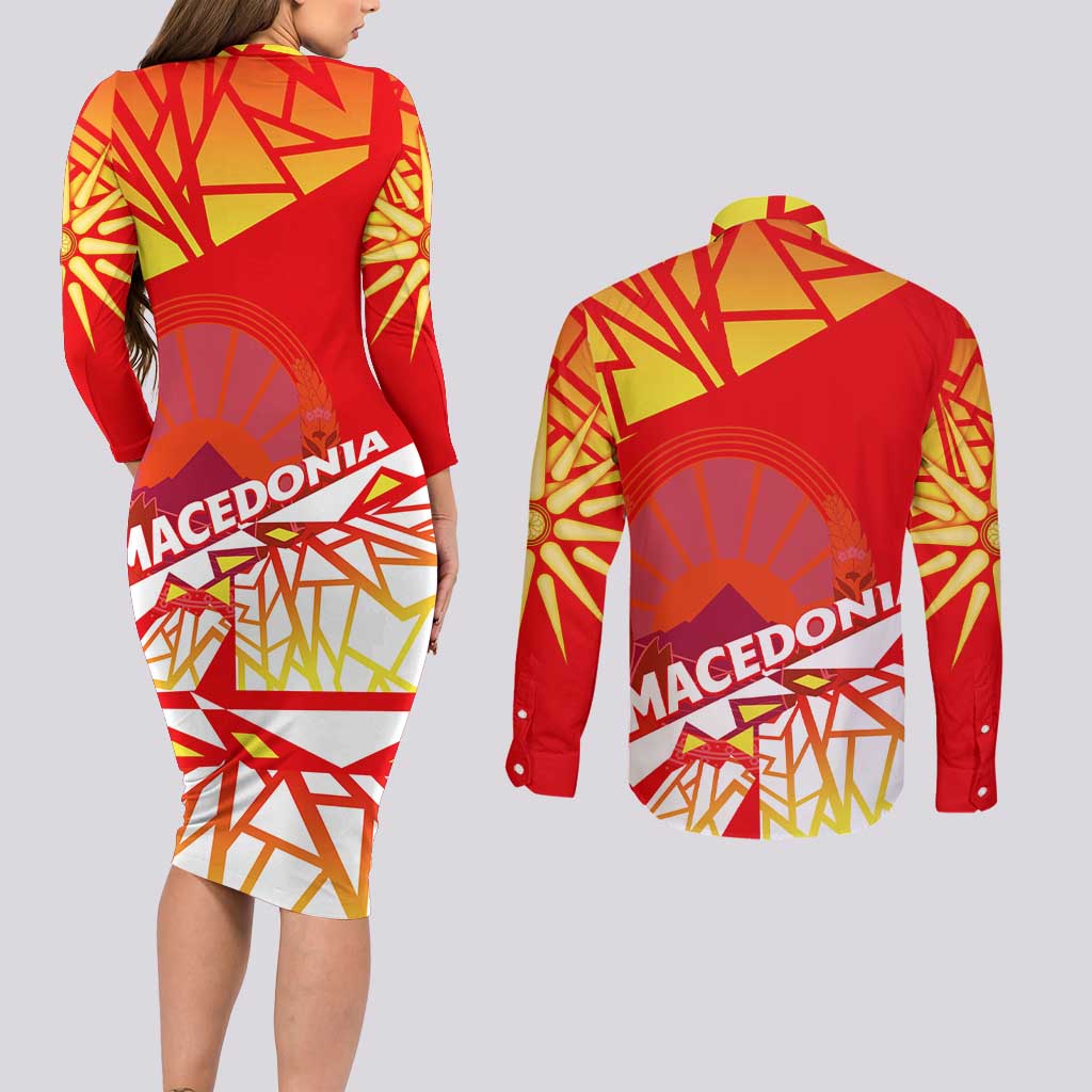 Forever Macedonia Couples Matching Long Sleeve Bodycon Dress and Long Sleeve Button Shirt Macedonian Flag 1992 - Wonder Print Shop