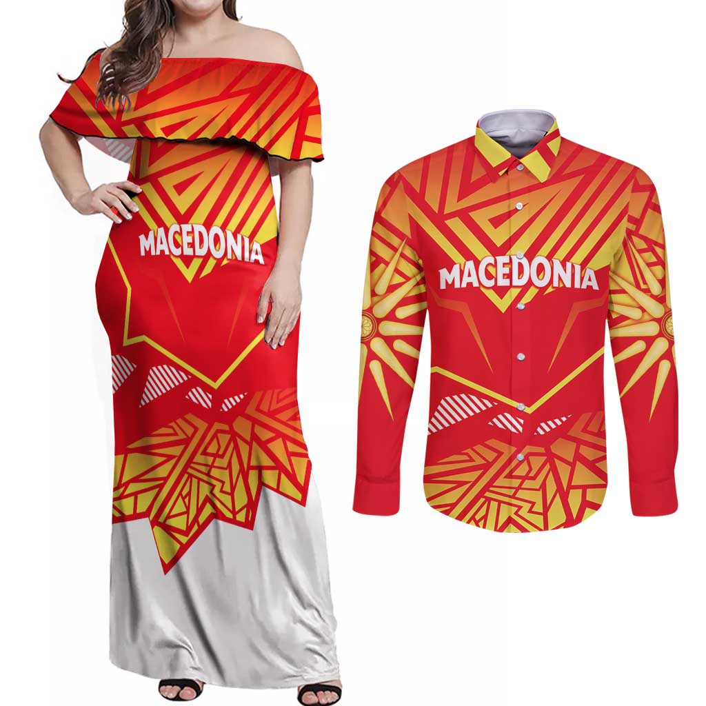 Forever Macedonia Couples Matching Off Shoulder Maxi Dress and Long Sleeve Button Shirt Macedonian Flag 1992 - Wonder Print Shop