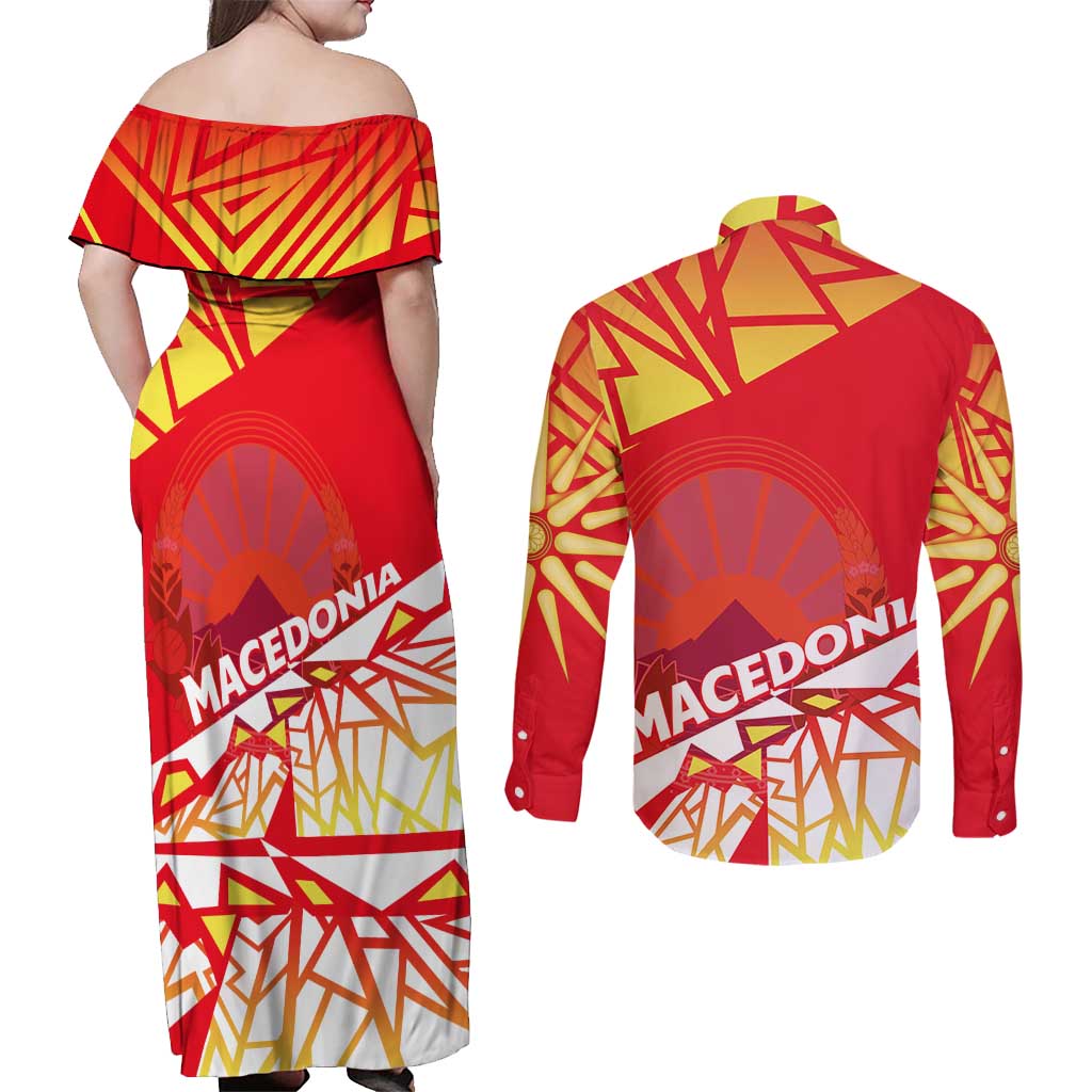 Forever Macedonia Couples Matching Off Shoulder Maxi Dress and Long Sleeve Button Shirt Macedonian Flag 1992 - Wonder Print Shop