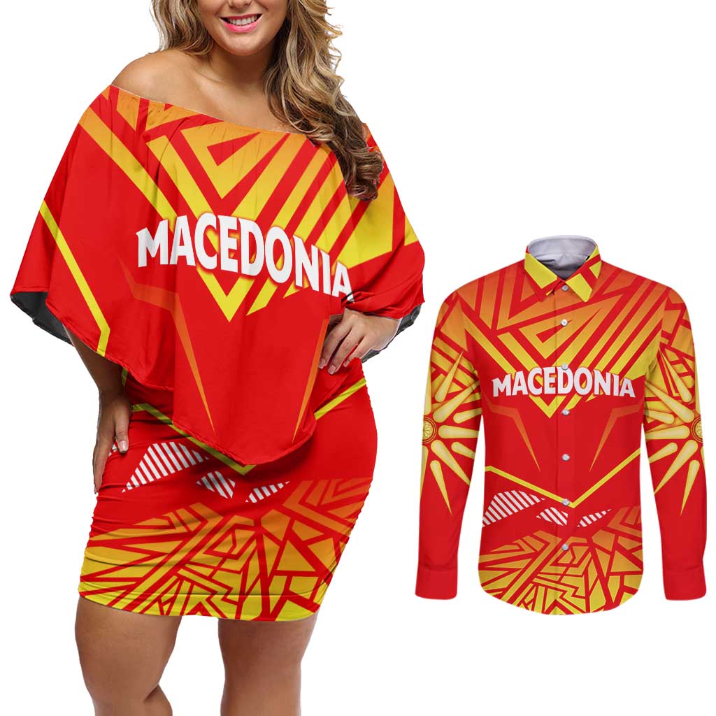 Forever Macedonia Couples Matching Off Shoulder Short Dress and Long Sleeve Button Shirt Macedonian Flag 1992 - Wonder Print Shop