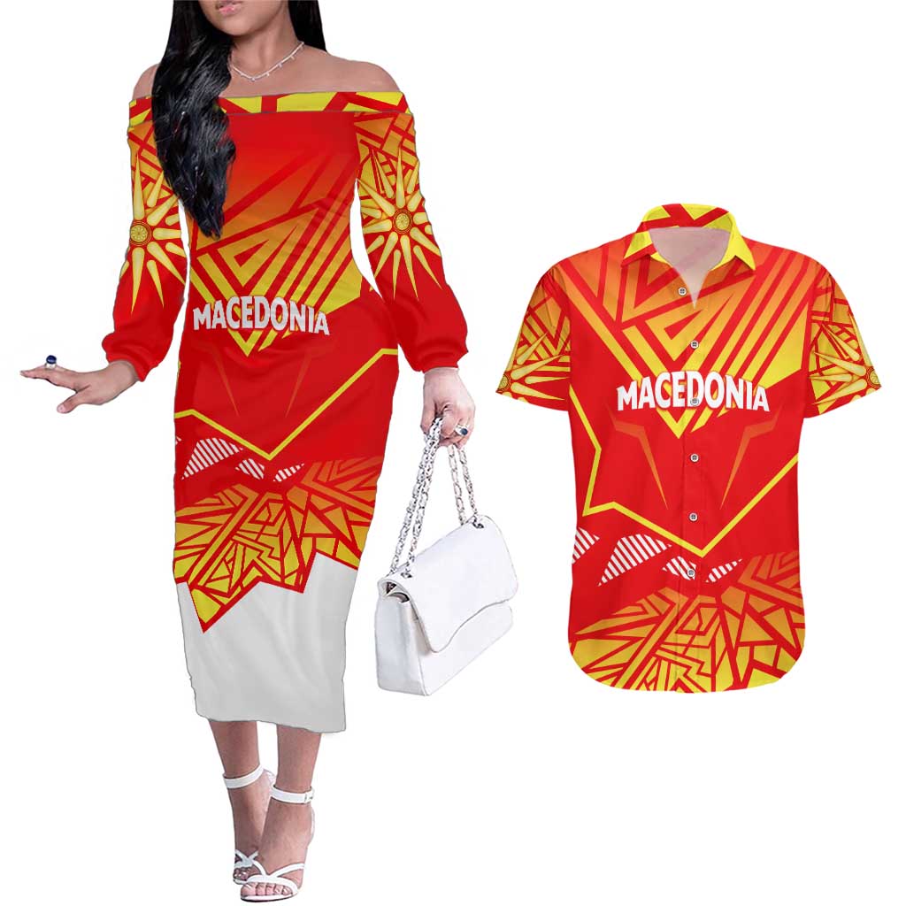 Forever Macedonia Couples Matching Off The Shoulder Long Sleeve Dress and Hawaiian Shirt Macedonian Flag 1992 - Wonder Print Shop