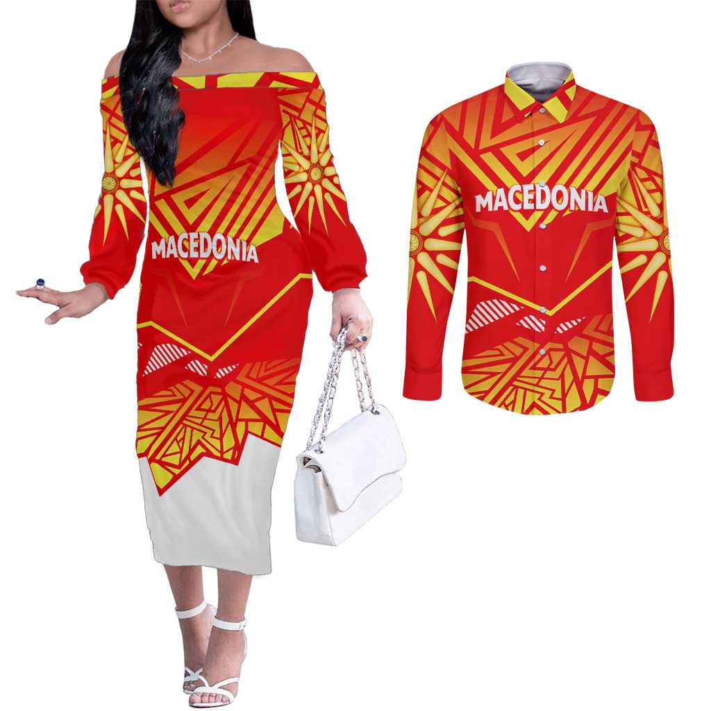 Forever Macedonia Couples Matching Off The Shoulder Long Sleeve Dress and Long Sleeve Button Shirt Macedonian Flag 1992