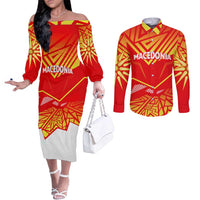 Forever Macedonia Couples Matching Off The Shoulder Long Sleeve Dress and Long Sleeve Button Shirt Macedonian Flag 1992