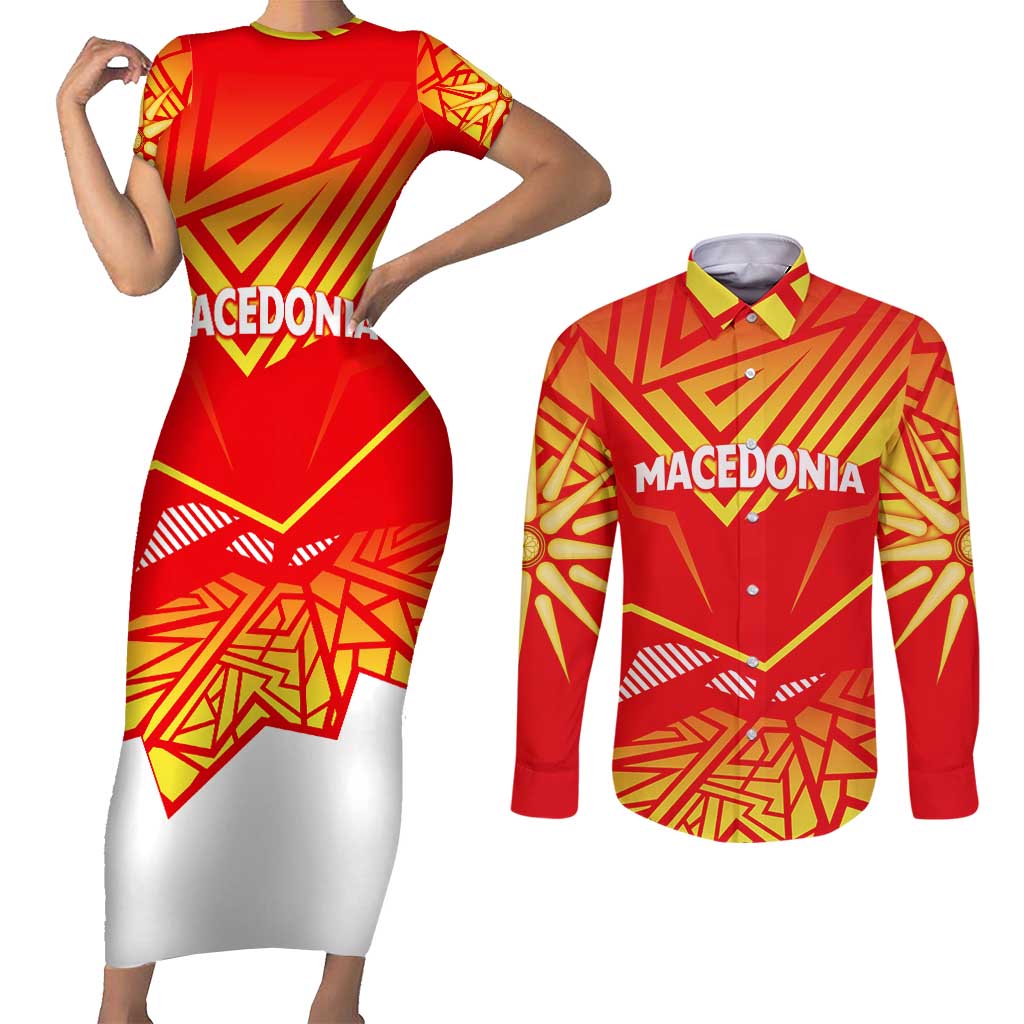 Forever Macedonia Couples Matching Short Sleeve Bodycon Dress and Long Sleeve Button Shirt Macedonian Flag 1992 - Wonder Print Shop