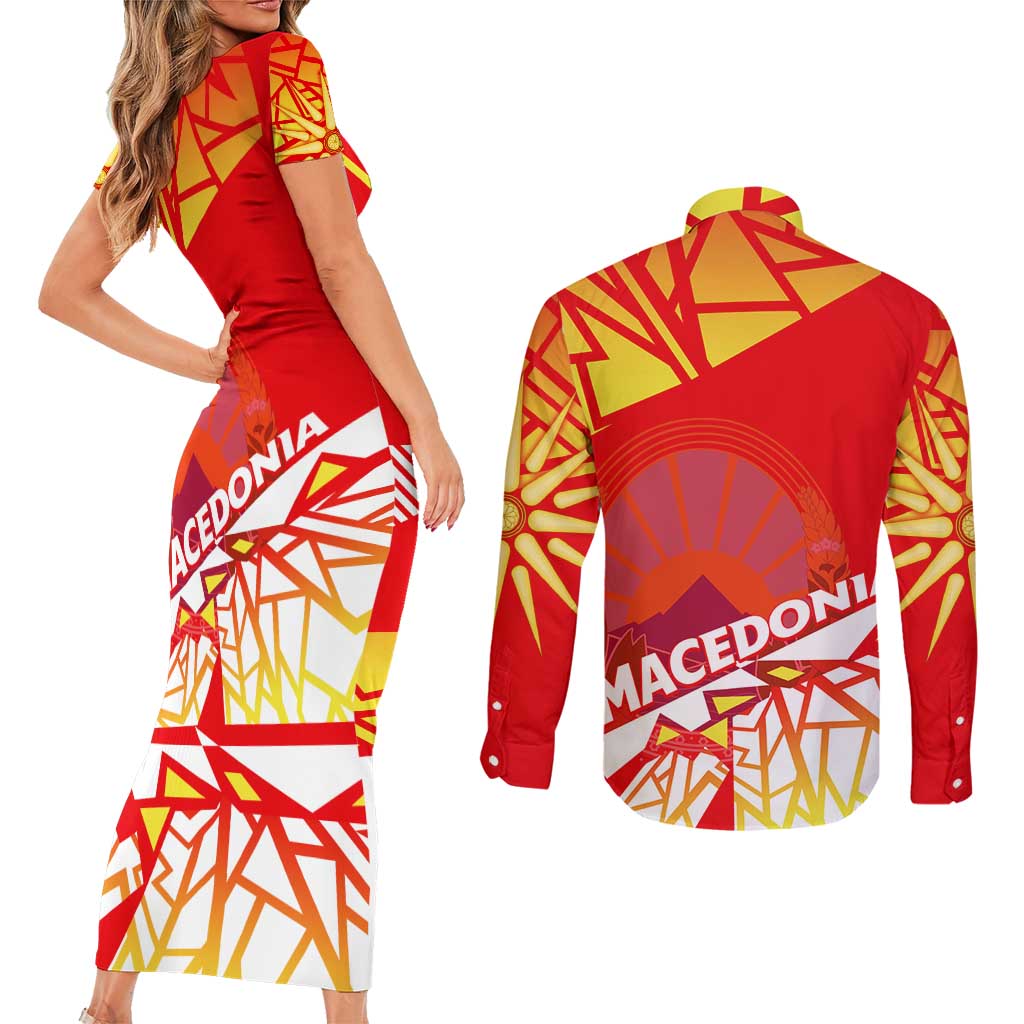 Forever Macedonia Couples Matching Short Sleeve Bodycon Dress and Long Sleeve Button Shirt Macedonian Flag 1992 - Wonder Print Shop
