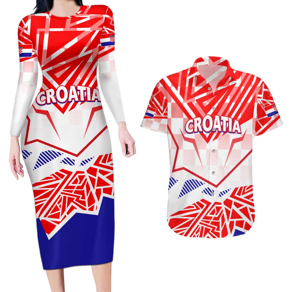 Forever Croatia Couples Matching Long Sleeve Bodycon Dress and Hawaiian Shirt Hrvatska Trobojnica Checkerboard - Wonder Print Shop