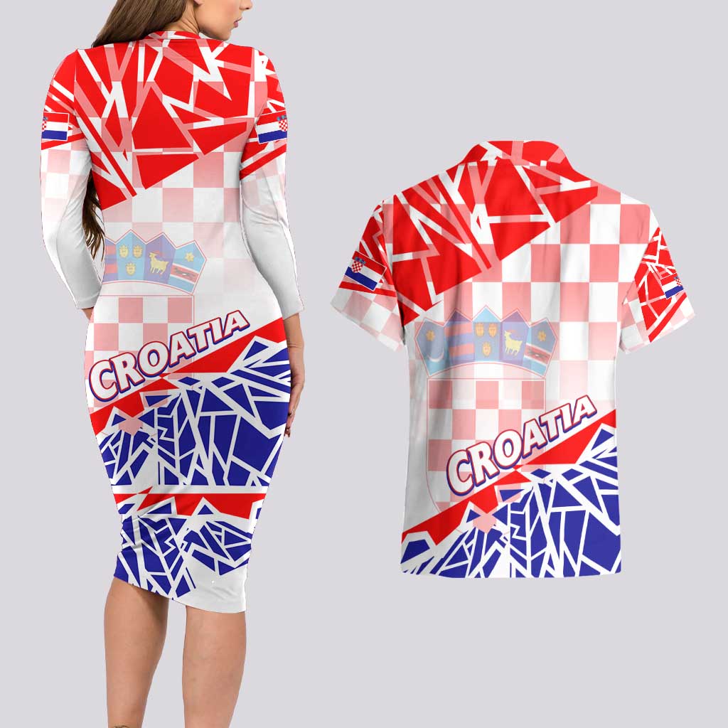 Forever Croatia Couples Matching Long Sleeve Bodycon Dress and Hawaiian Shirt Hrvatska Trobojnica Checkerboard - Wonder Print Shop