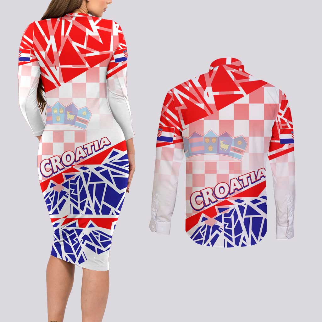 Forever Croatia Couples Matching Long Sleeve Bodycon Dress and Long Sleeve Button Shirt Hrvatska Trobojnica Checkerboard - Wonder Print Shop