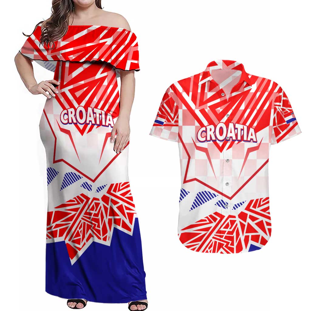 Forever Croatia Couples Matching Off Shoulder Maxi Dress and Hawaiian Shirt Hrvatska Trobojnica Checkerboard - Wonder Print Shop