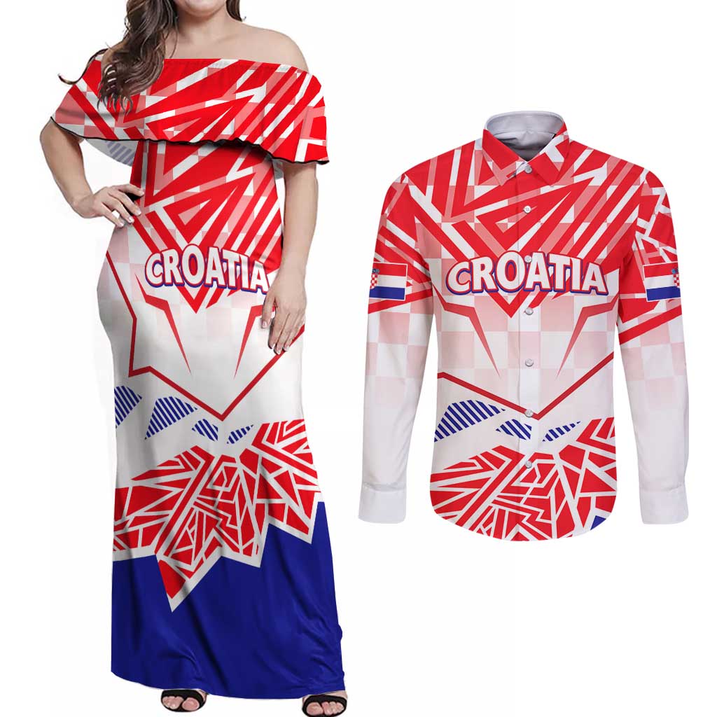 Forever Croatia Couples Matching Off Shoulder Maxi Dress and Long Sleeve Button Shirt Hrvatska Trobojnica Checkerboard - Wonder Print Shop