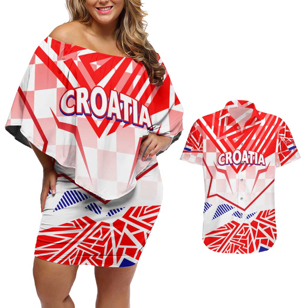 Forever Croatia Couples Matching Off Shoulder Short Dress and Hawaiian Shirt Hrvatska Trobojnica Checkerboard - Wonder Print Shop