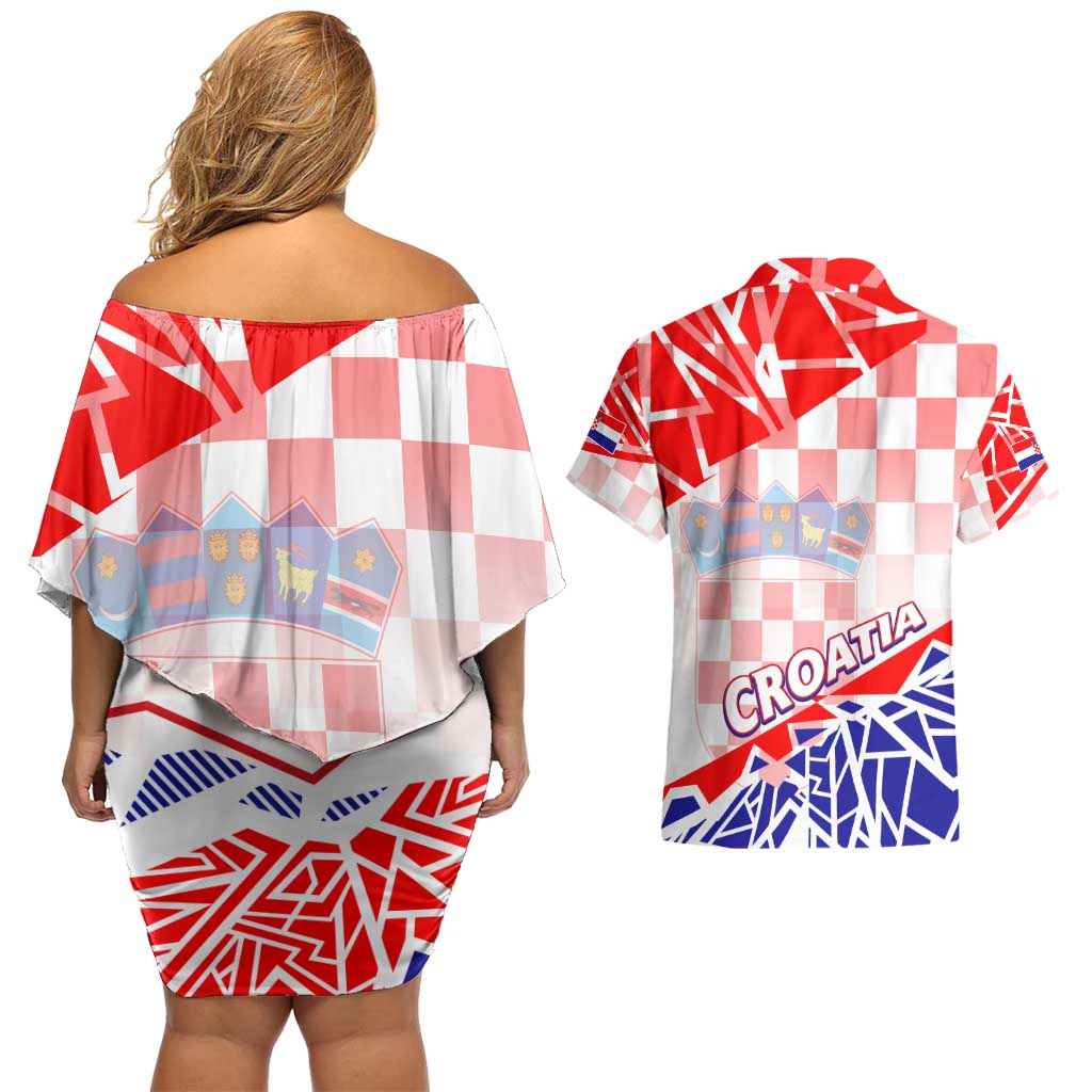 Forever Croatia Couples Matching Off Shoulder Short Dress and Hawaiian Shirt Hrvatska Trobojnica Checkerboard - Wonder Print Shop