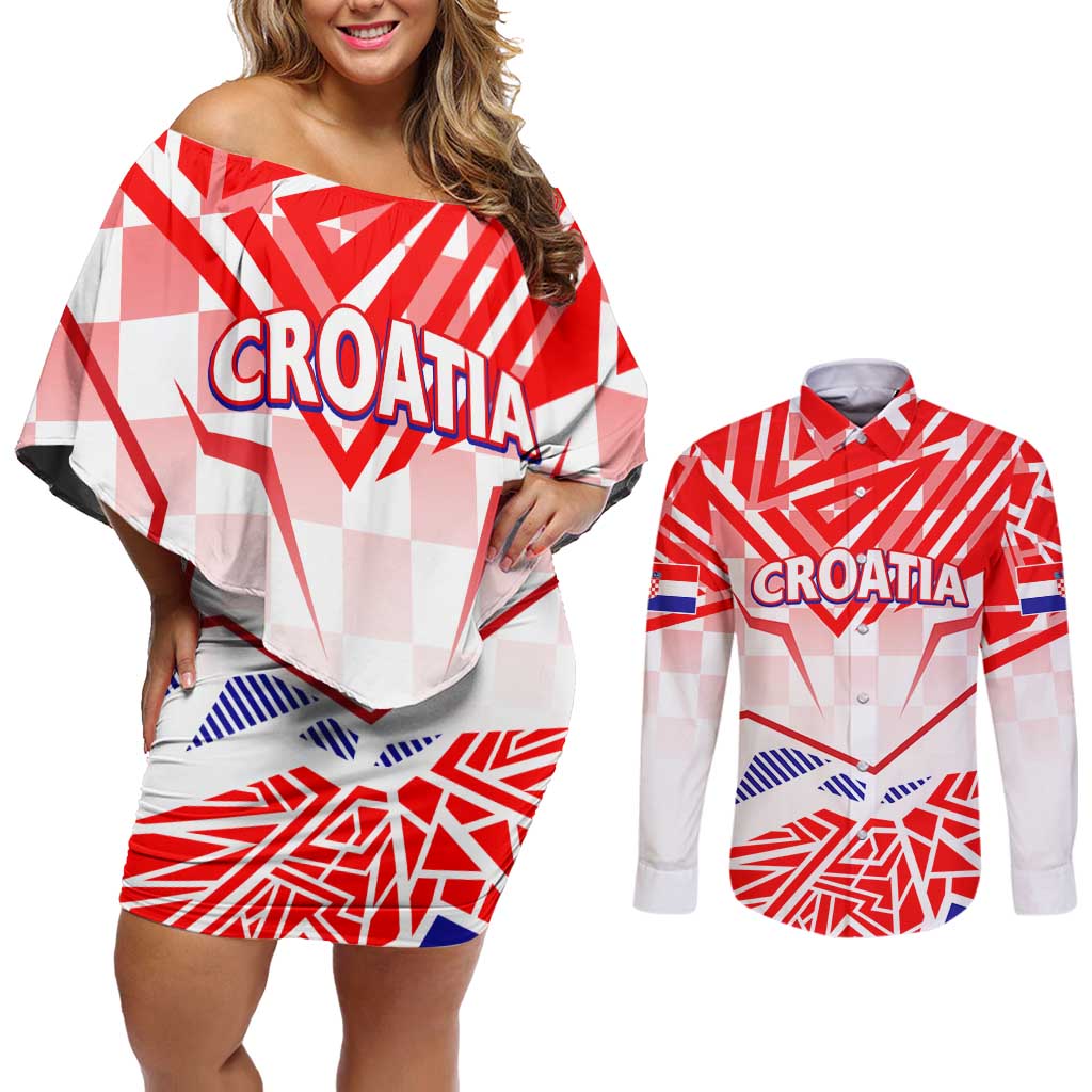 Forever Croatia Couples Matching Off Shoulder Short Dress and Long Sleeve Button Shirt Hrvatska Trobojnica Checkerboard - Wonder Print Shop