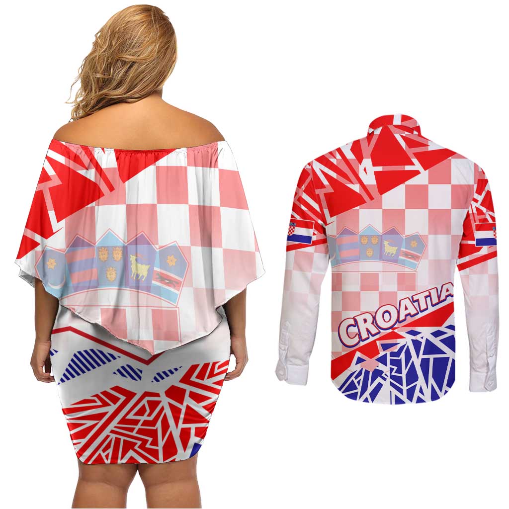 Forever Croatia Couples Matching Off Shoulder Short Dress and Long Sleeve Button Shirt Hrvatska Trobojnica Checkerboard - Wonder Print Shop