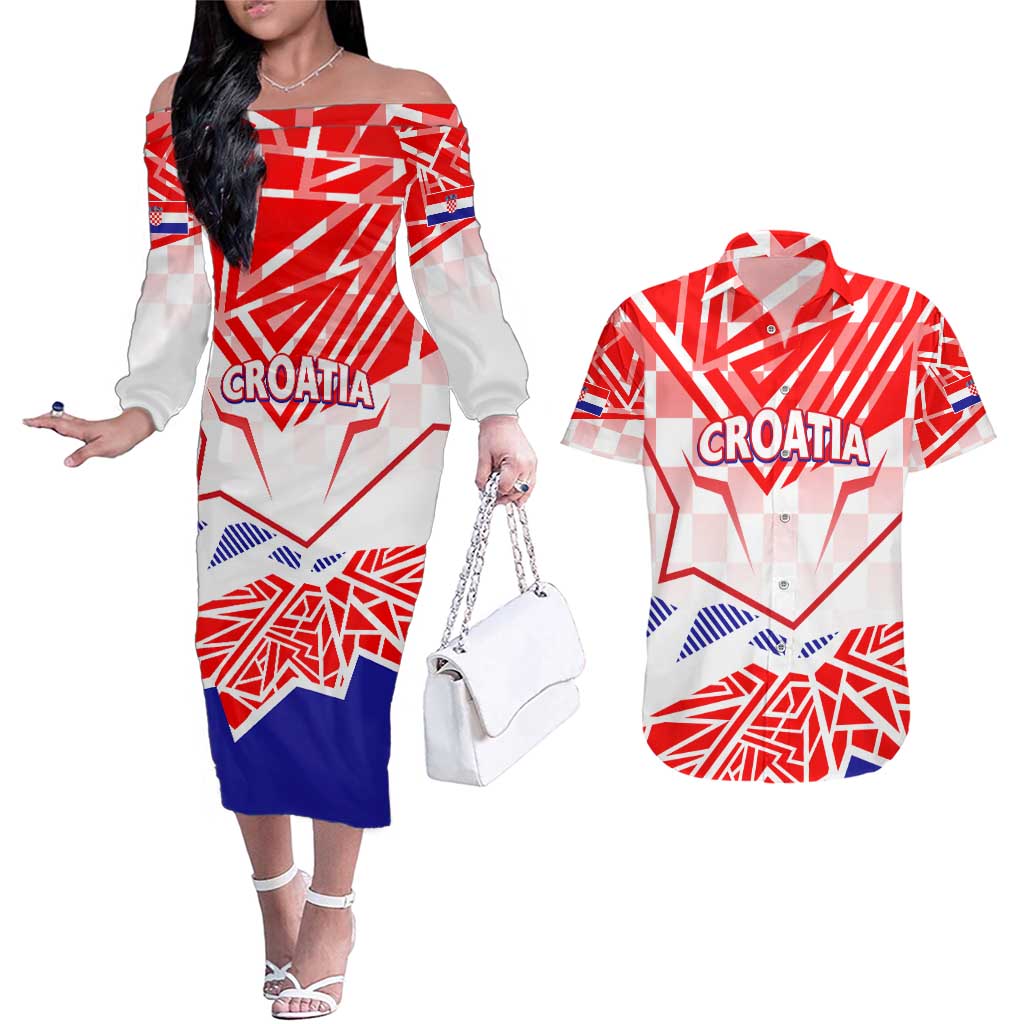 Forever Croatia Couples Matching Off The Shoulder Long Sleeve Dress and Hawaiian Shirt Hrvatska Trobojnica Checkerboard - Wonder Print Shop