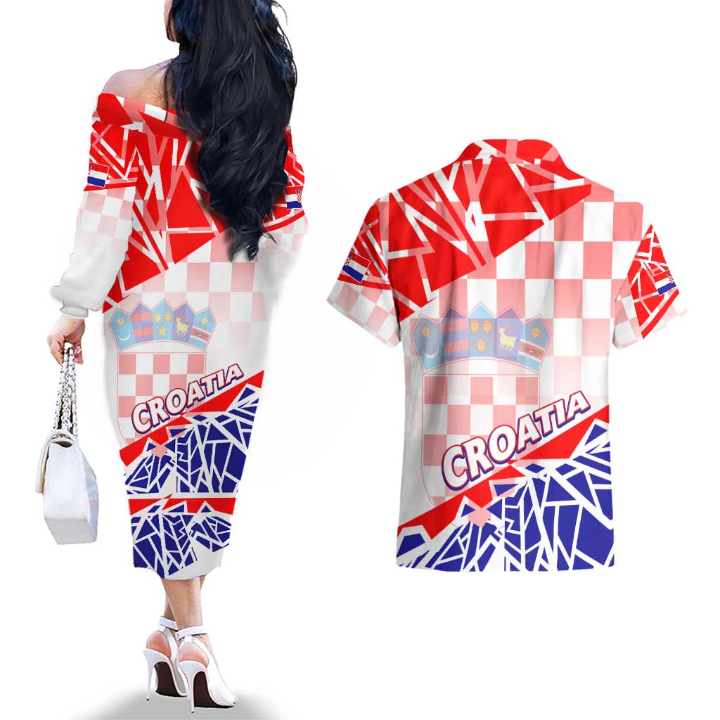 Forever Croatia Couples Matching Off The Shoulder Long Sleeve Dress and Hawaiian Shirt Hrvatska Trobojnica Checkerboard - Wonder Print Shop