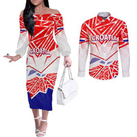 Forever Croatia Couples Matching Off The Shoulder Long Sleeve Dress and Long Sleeve Button Shirt Hrvatska Trobojnica Checkerboard