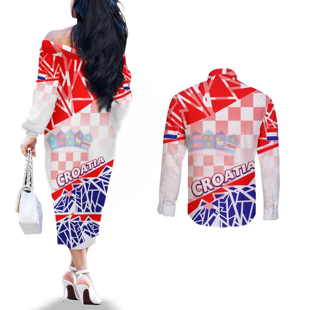 Forever Croatia Couples Matching Off The Shoulder Long Sleeve Dress and Long Sleeve Button Shirt Hrvatska Trobojnica Checkerboard