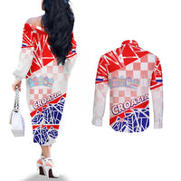 Forever Croatia Couples Matching Off The Shoulder Long Sleeve Dress and Long Sleeve Button Shirt Hrvatska Trobojnica Checkerboard