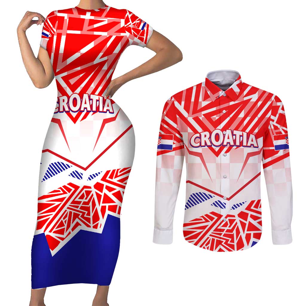 Forever Croatia Couples Matching Short Sleeve Bodycon Dress and Long Sleeve Button Shirt Hrvatska Trobojnica Checkerboard - Wonder Print Shop