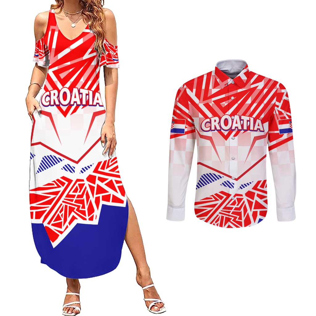 Forever Croatia Couples Matching Summer Maxi Dress and Long Sleeve Button Shirt Hrvatska Trobojnica Checkerboard - Wonder Print Shop