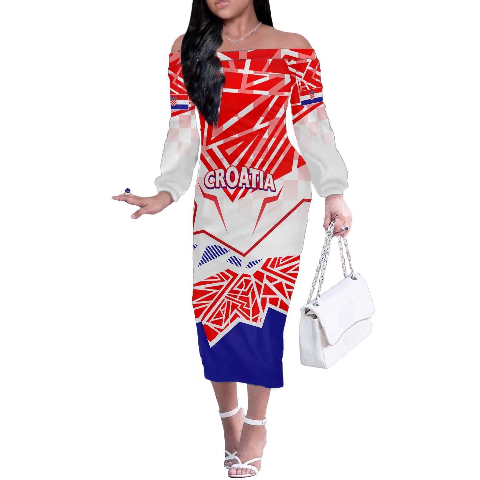 Forever Croatia Off The Shoulder Long Sleeve Dress Hrvatska Trobojnica Checkerboard - Wonder Print Shop