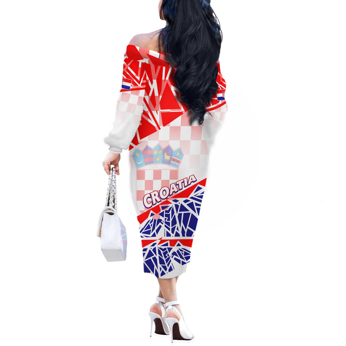 Forever Croatia Off The Shoulder Long Sleeve Dress Hrvatska Trobojnica Checkerboard - Wonder Print Shop