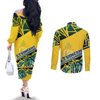 Forever Saint Vincent and the Grenadines Couples Matching Off The Shoulder Long Sleeve Dress and Long Sleeve Button Shirt Peace and Justice