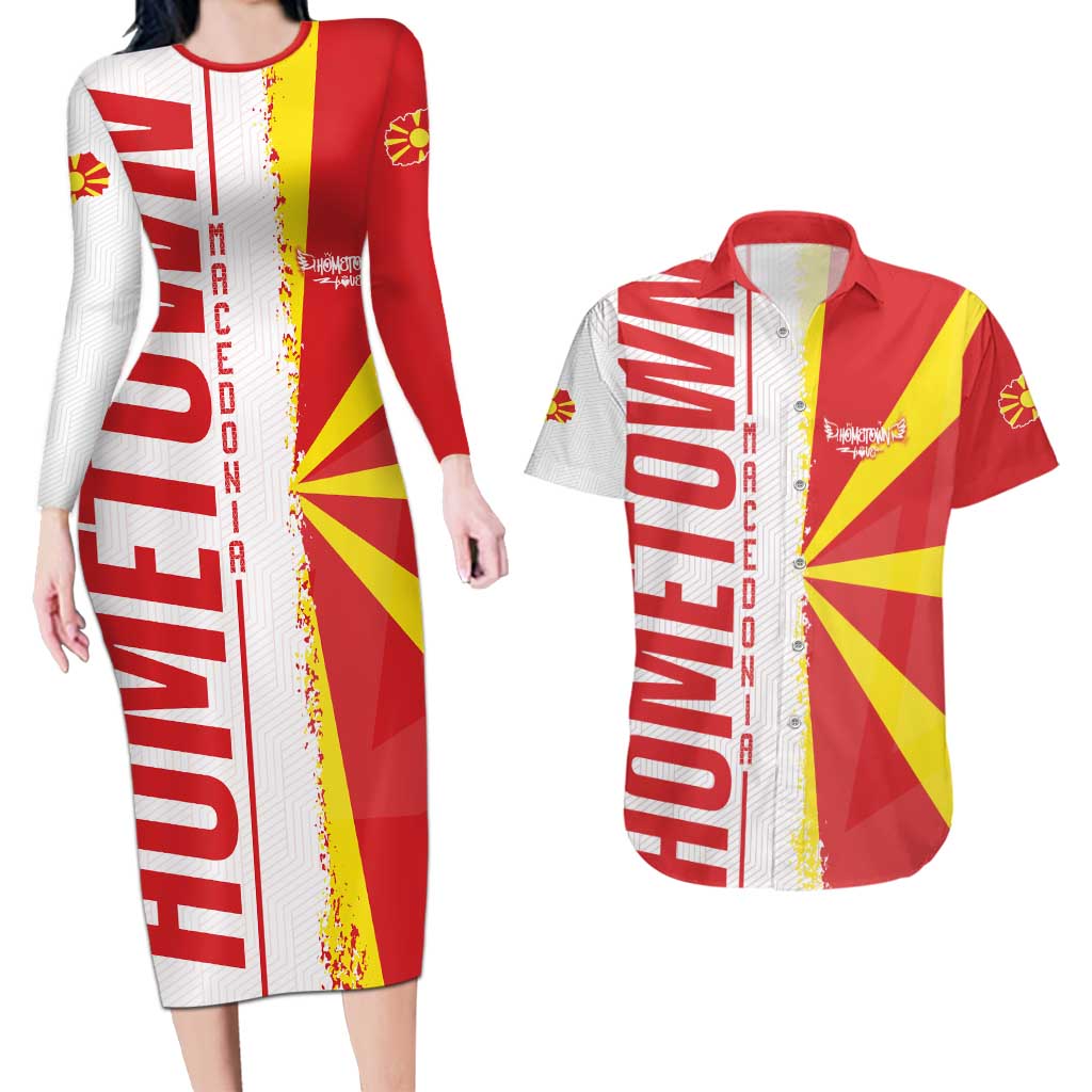 Hometown Macedonia Couples Matching Long Sleeve Bodycon Dress and Hawaiian Shirt Flag and Map - Wonder Print Shop