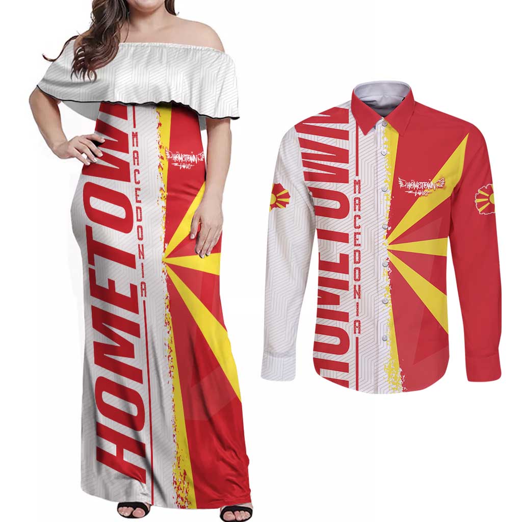 Hometown Macedonia Couples Matching Off Shoulder Maxi Dress and Long Sleeve Button Shirt Flag and Map - Wonder Print Shop
