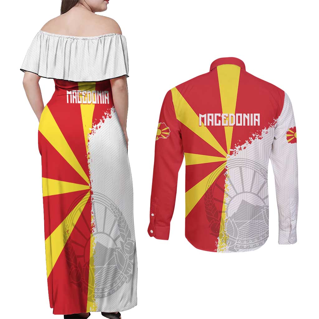 Hometown Macedonia Couples Matching Off Shoulder Maxi Dress and Long Sleeve Button Shirt Flag and Map - Wonder Print Shop