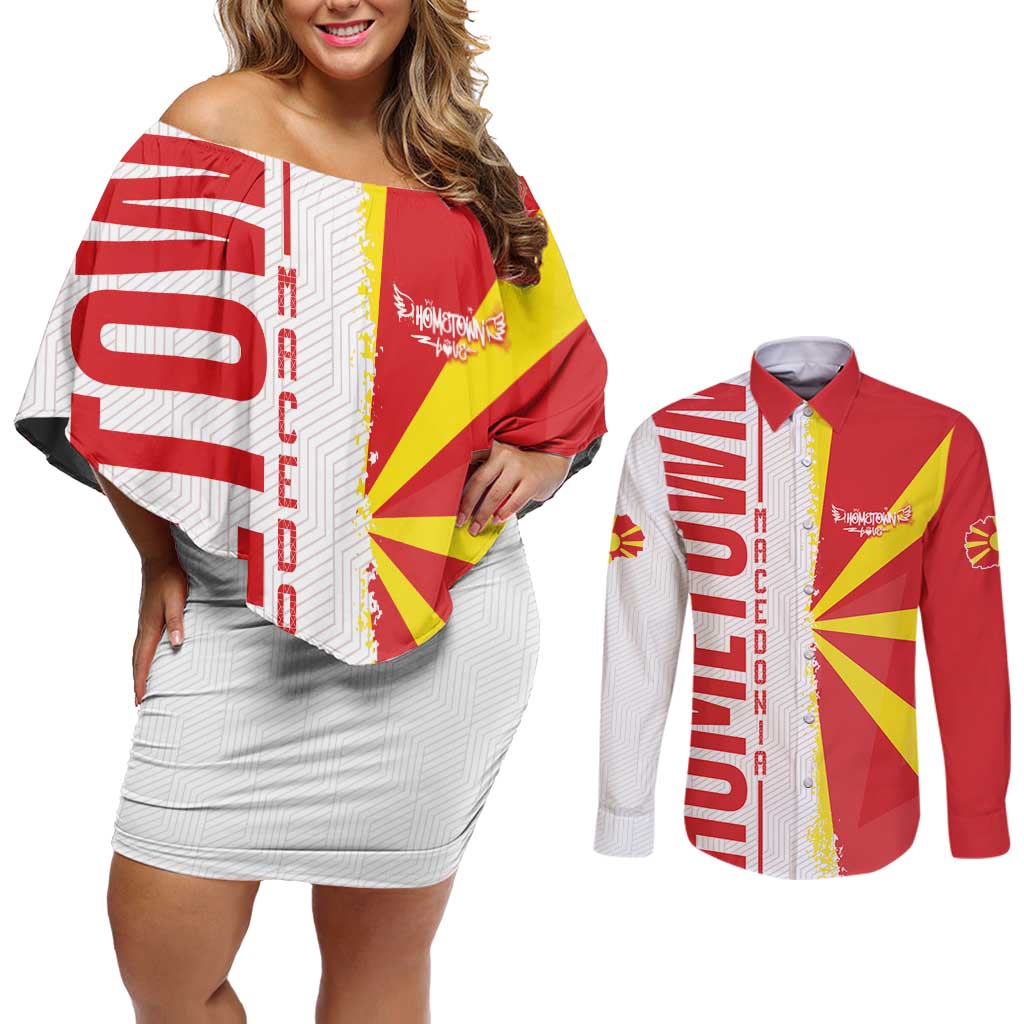Hometown Macedonia Couples Matching Off Shoulder Short Dress and Long Sleeve Button Shirt Flag and Map - Wonder Print Shop