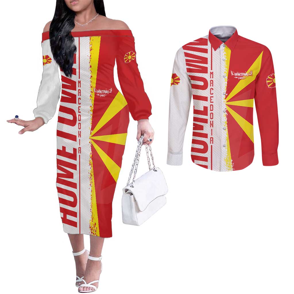 Hometown Macedonia Couples Matching Off The Shoulder Long Sleeve Dress and Long Sleeve Button Shirt Flag and Map