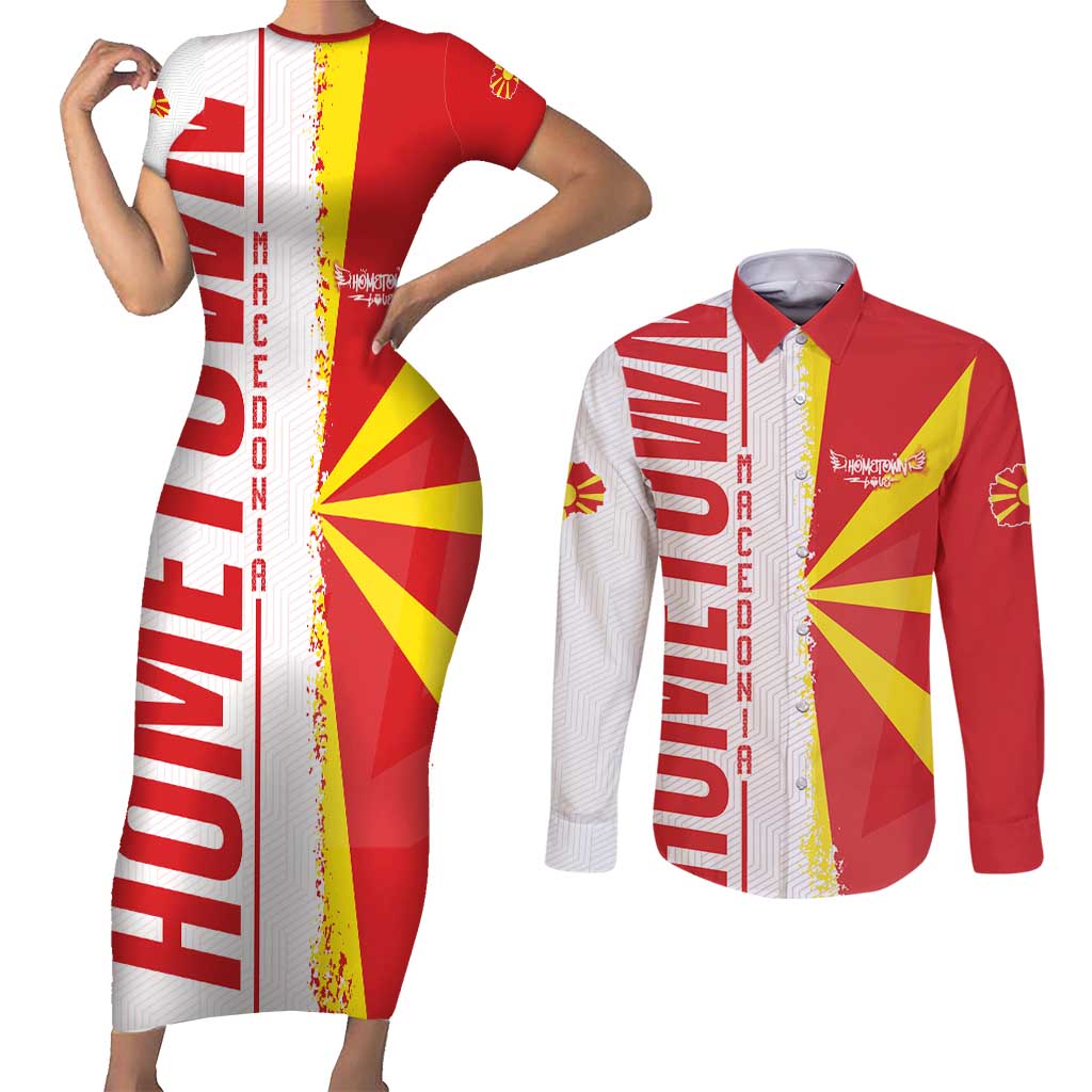Hometown Macedonia Couples Matching Short Sleeve Bodycon Dress and Long Sleeve Button Shirt Flag and Map - Wonder Print Shop