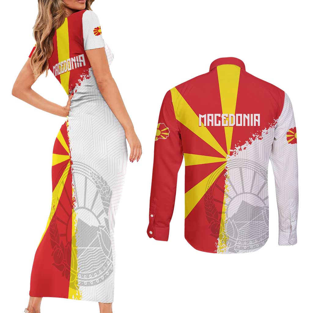 Hometown Macedonia Couples Matching Short Sleeve Bodycon Dress and Long Sleeve Button Shirt Flag and Map - Wonder Print Shop