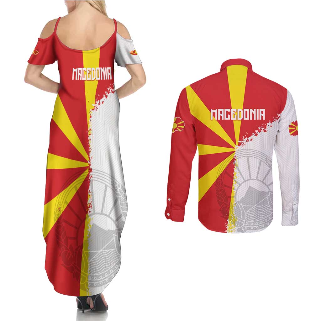 Hometown Macedonia Couples Matching Summer Maxi Dress and Long Sleeve Button Shirt Flag and Map - Wonder Print Shop