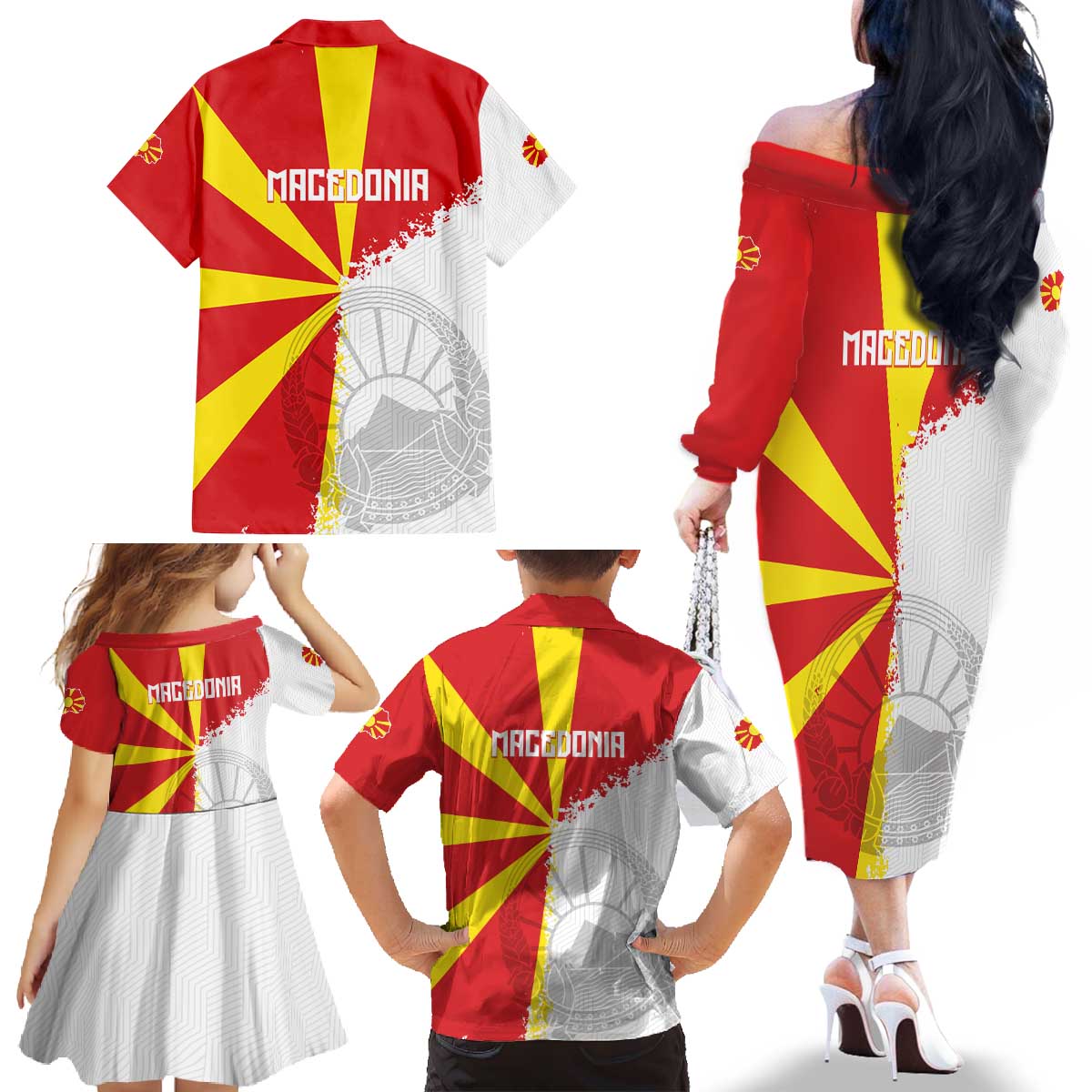 Hometown Macedonia Family Matching Off The Shoulder Long Sleeve Dress and Hawaiian Shirt Flag and Map - Wonder Print Shop