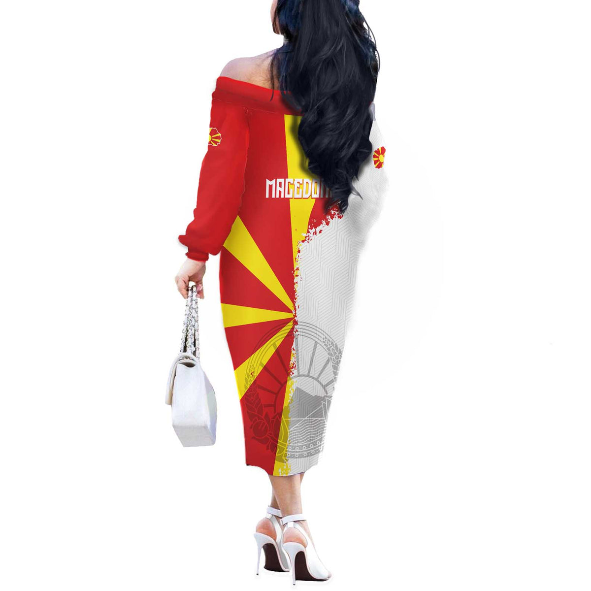 Hometown Macedonia Off The Shoulder Long Sleeve Dress Flag and Map - Wonder Print Shop