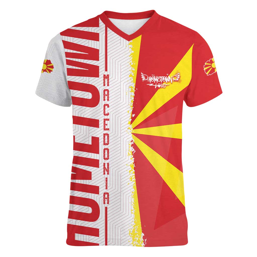 Hometown Macedonia Women V-Neck T-Shirt Flag and Map - Wonder Print Shop