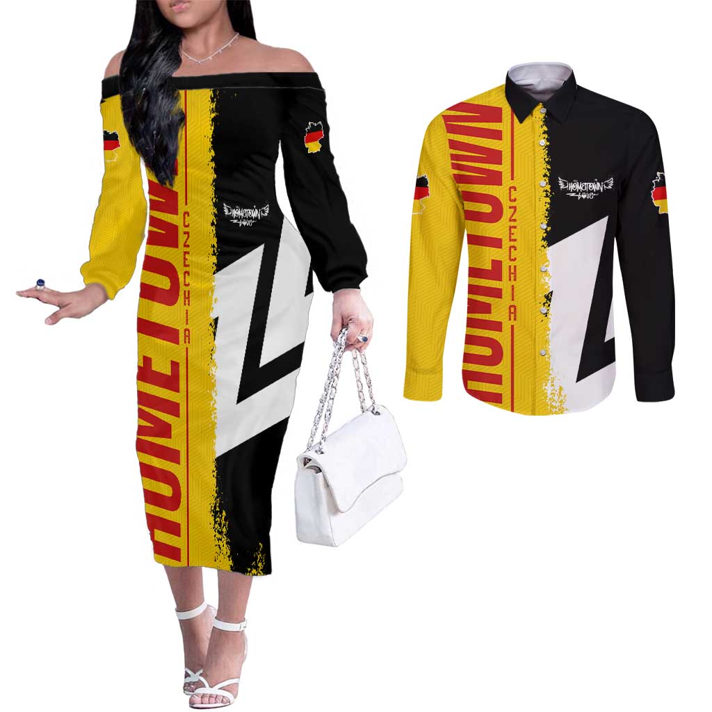 Hometown Germany Couples Matching Off The Shoulder Long Sleeve Dress and Long Sleeve Button Shirt Flag and Map