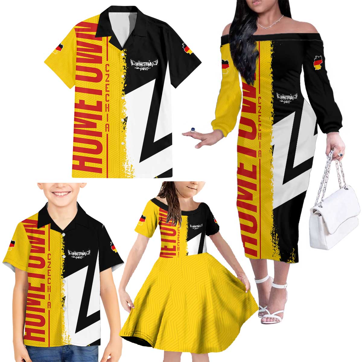 Hometown Germany Family Matching Off The Shoulder Long Sleeve Dress and Hawaiian Shirt Flag and Map - Wonder Print Shop